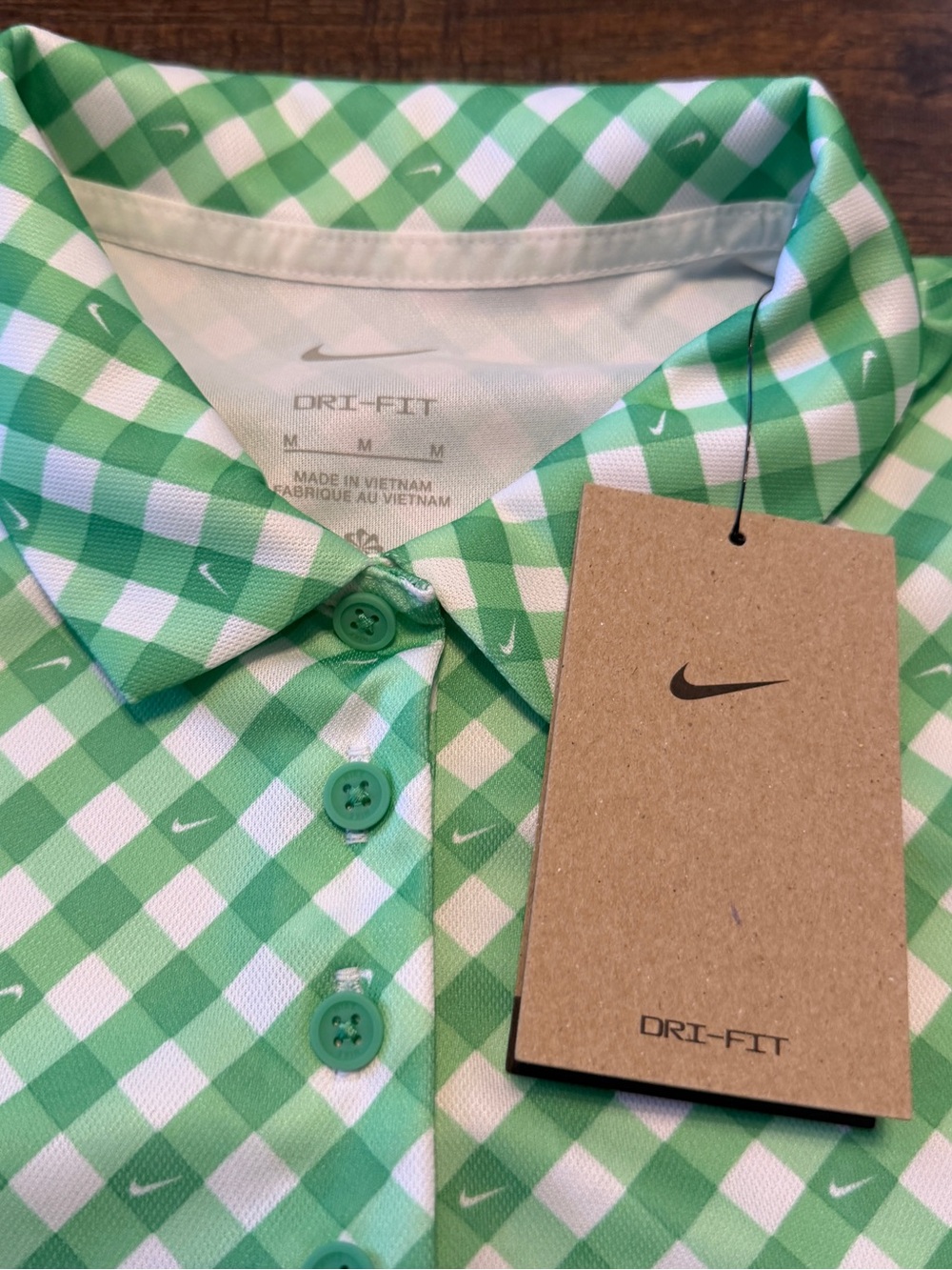 Nike Men’s Green and White Checker Dri-FIT Polo